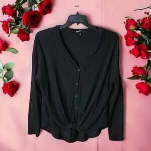 Gibson Womens Size Small Black Thermal Waffle Knit V-Neck Button-Down Tie Front